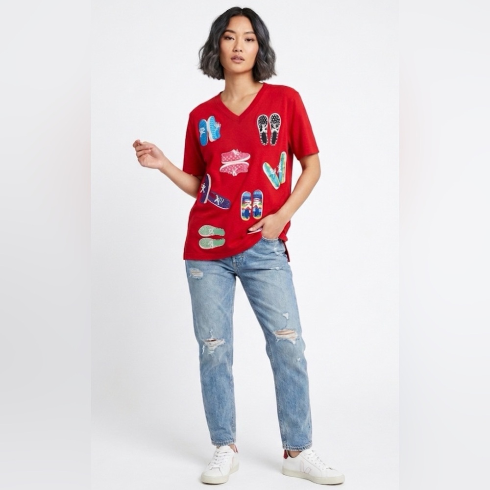 Bechamel Petites Red Cotton V-Neck Shirt Sneaker Shoe Embroidery PM NEW